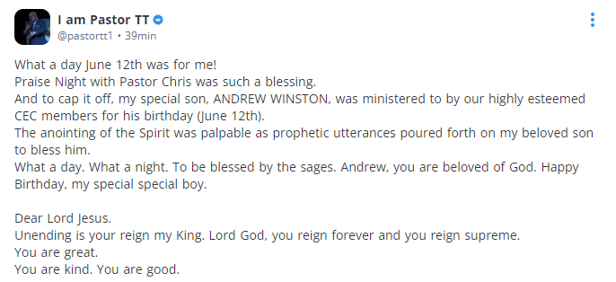A text written by Pastor TT on KingsChat about his son's birthday on Praise Night with Pastor Chris.